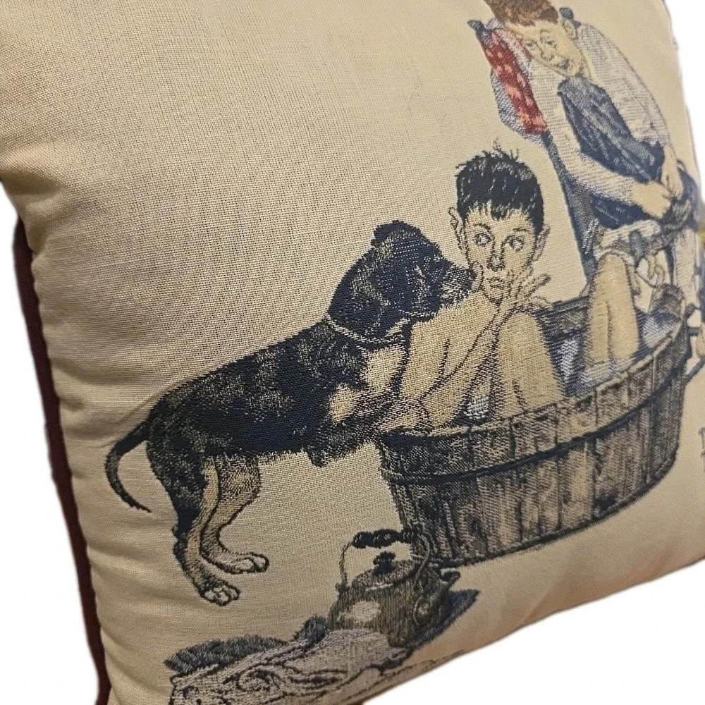Vintage Norman Rockwell  15"×15"  Dog Themed Pillow "Lickin Good Bath" USA Made - Picture 3 of 7